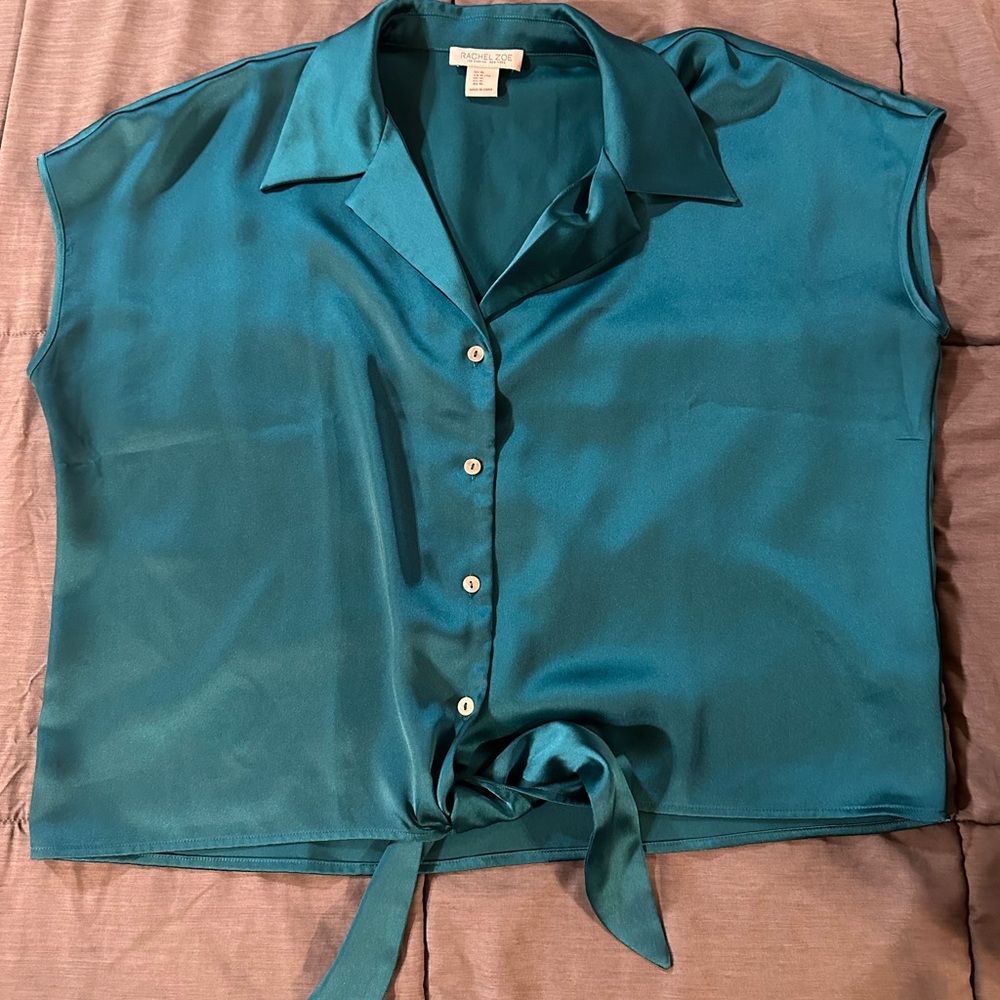 Rachel Zoe Teal Satin Tie-Front Button Down Blouse